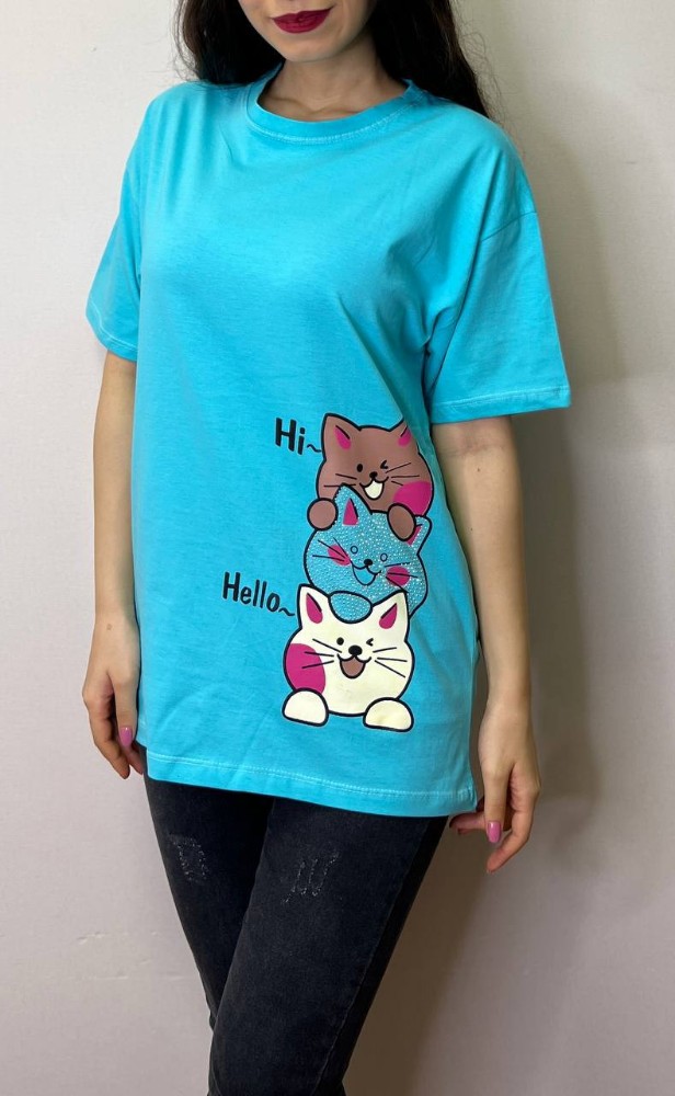 نیم لانگ چاپ نگین و گربه کد 135934 - خرید تاپ و تیشرت زنانه عمده