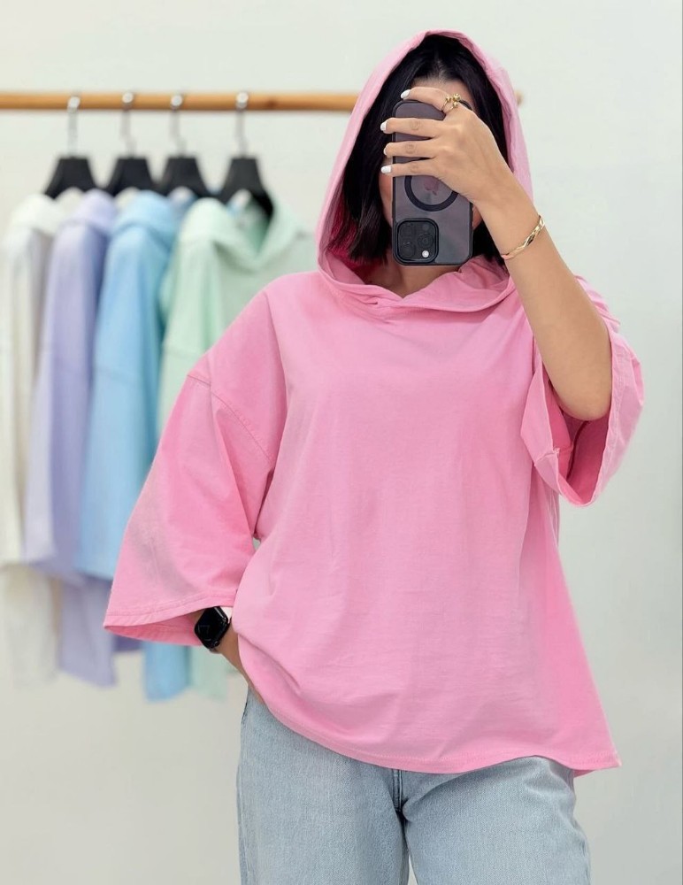 تیشرت باکسی کلاهدار ساده کد 137074 - خرید تاپ و تیشرت زنانه عمده