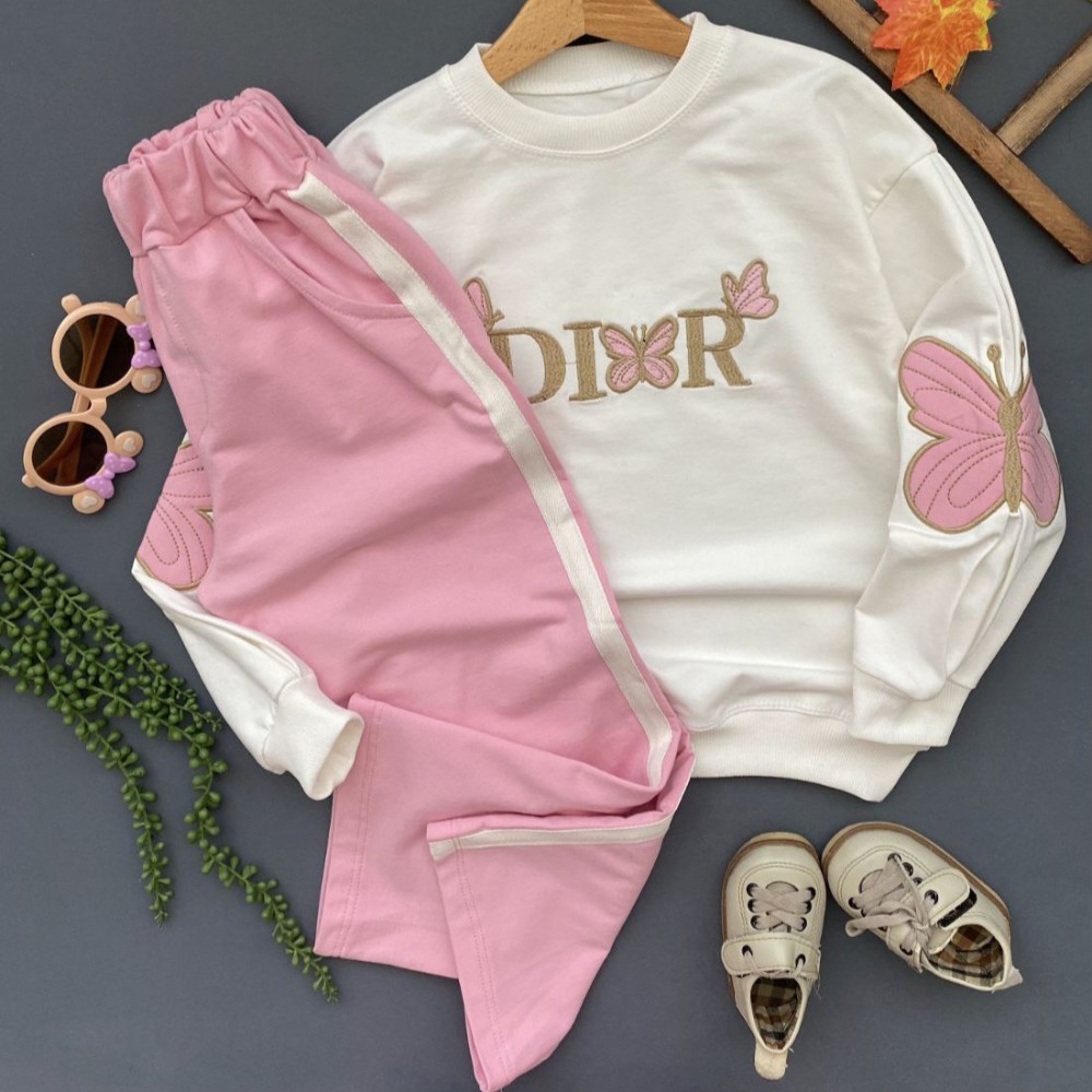 ست بلوز شلوار دخترانه گلدوزی پروانه کد 137141 - خرید ست بلوز شلوار دخترانه عمده