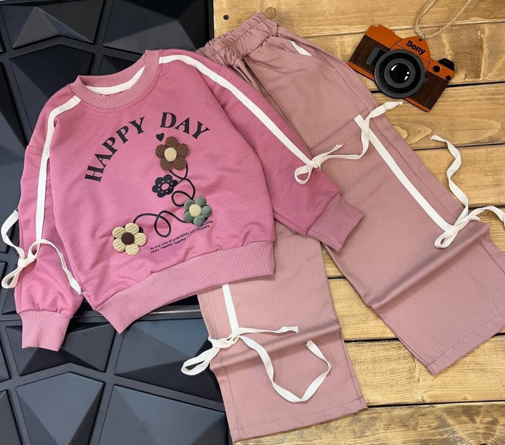 ست بلوز شلوار کتان دخترانه طرح گل کد 138893 - خرید ست بلوز شلوار دخترانه عمده