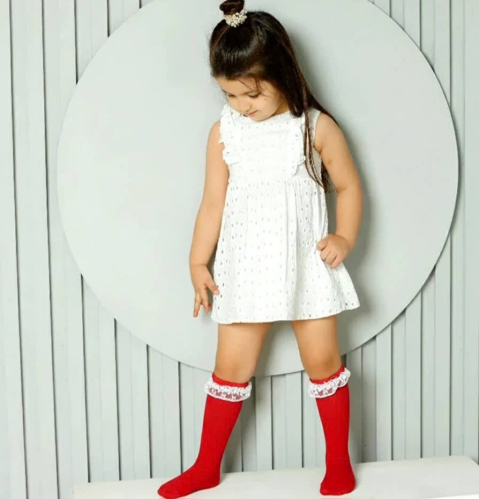 جوراب ساقدار دخترانه لب تور قرمز خارجی‌ کد 136364 - خرید جوراب دخترانه عمده