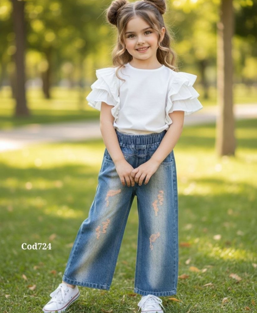 شلوار لی بگ دخترانه آبی کد 135664 - خرید شلوار دخترانه عمده