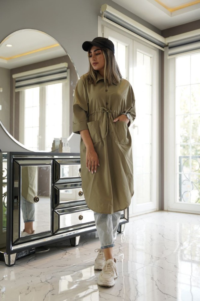 مانتو پیراهنی بلند کمرگت کد 135913 - خرید مانتو زنانه عمده