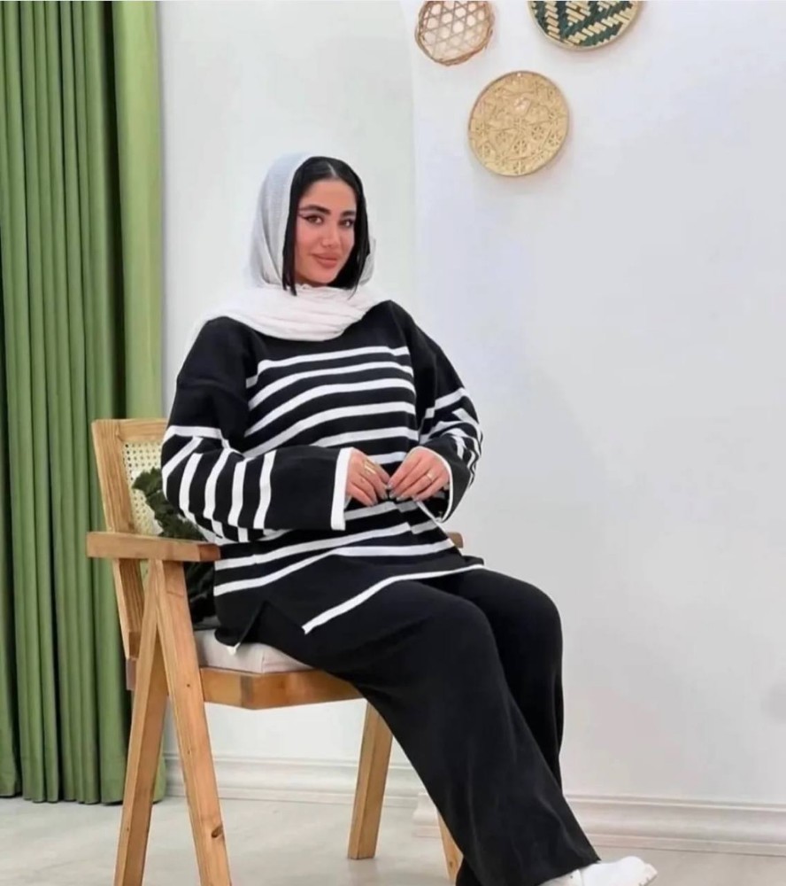 ست بافت شلوار بگ راه راه کد 139841 - خرید ست بلوز شلوار زنانه عمده