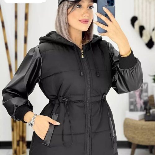 خرید عمده کاپشن بلند کمرگت دار میکرو کجراه آستین چرم تیرکمونی