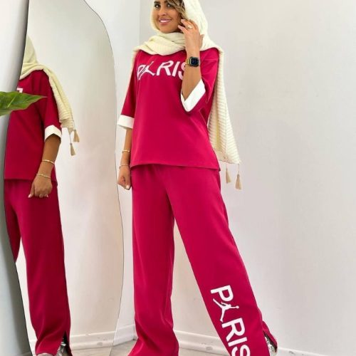 خرید عمده ست اسپرت چاپ Paris پشت دورس - ست تیشرت شلوار زنانه عمده