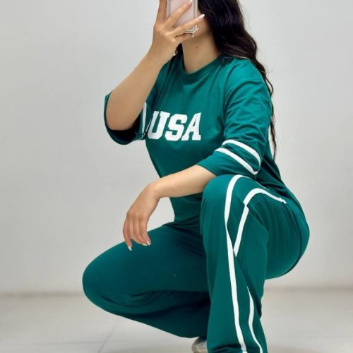 خرید عمده ست تیشرت شلوار نواردوزی USA دورس اسپان نخی - ست تیشرت شلوار زنانه عمده