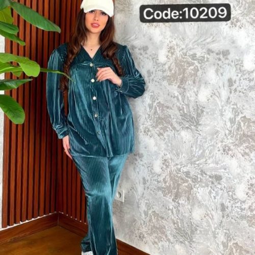 خرید عمده ست تونیک شلوار مخمل یقه هفت جلو دکمه
