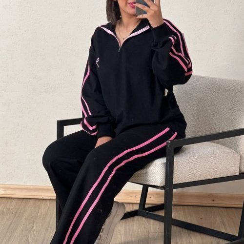 ست بلوز شلوار نیم زیپ پاپیون کد 133888 - خرید ست تیشرت شلوار زنانه عمده