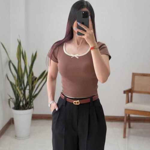 کراپ یقه گرد پاپیون کد 136255 - خرید تاپ و تیشرت زنانه عمده