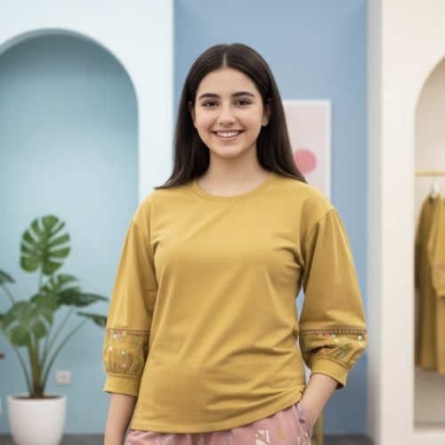 بلوز آستین سه ربع گلدوزی سر آستین کد 138035 - خرید بلوز تک زنانه عمده