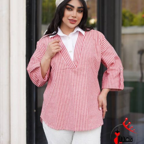 خرید عمده شومیز یقه سفید راه راه - شومیز زنانه عمده
