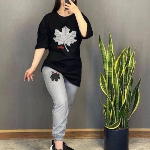 ست تیشرت شلوار برگ کد 135523 - خرید ست تیشرت شلوار زنانه عمده