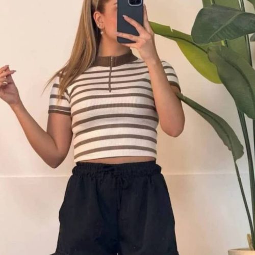 تاپ کراپ نیم زیپ راه راه کد 136068 - خرید تاپ و تیشرت زنانه عمده