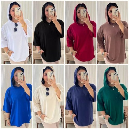 تیشرت باکسی کلاهدار کد 137133 - خرید تاپ و تیشرت زنانه عمده