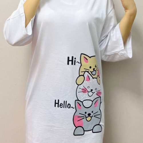 نیم لانگ چاپ و نگین گربه کد 135800 - خرید تاپ و تیشرت زنانه عمده