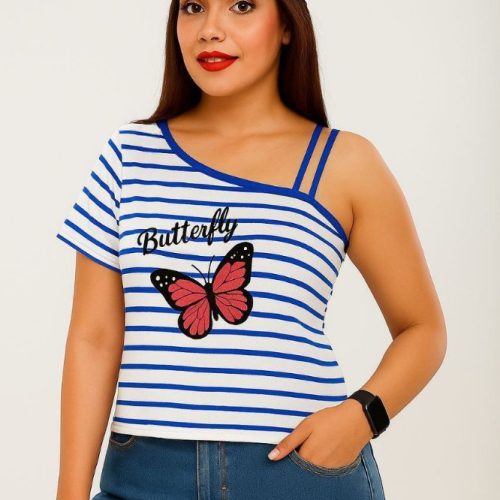 کراپ رومی چاپ پر وانه ای کد 136038 - خرید تاپ و تیشرت زنانه عمده