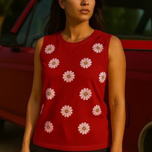 تاپ کتی چاپ بابونه کد 136137 - خرید تاپ و تیشرت زنانه عمده