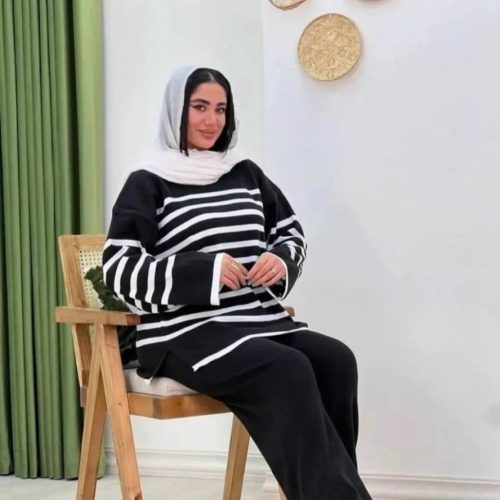 ست بافت شلوار بگ راه راه کد 139841 - خرید ست بلوز شلوار زنانه عمده