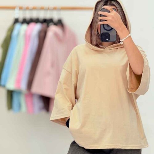 تیشرت باکسی کلاهدارساده کد 137036 - خرید تاپ و تیشرت زنانه عمده