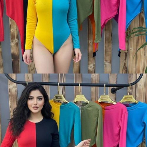 بادی آستین بلند از وسط دو رنگ کد 138297 - خرید بلوز تک زنانه عمده