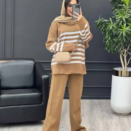 ست بافت شلوار بگ راه راه کد 135836 - خرید ست بلوز شلوار زنانه عمده