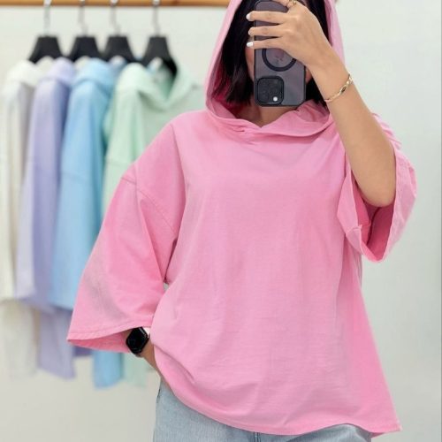 تیشرت باکسی کلاهدار ساده کد 137074 - خرید تاپ و تیشرت زنانه عمده