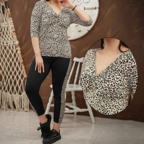 فروش عمده ست بلوز جلو گره ای و ساپورت زنانه پلنگی - ست تیشرت شلوار زنانه عمده