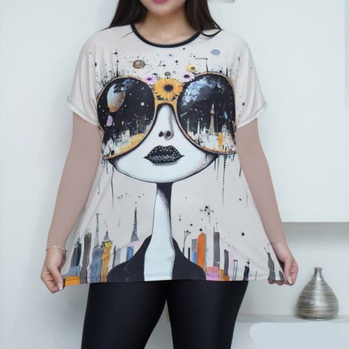 فروش عمده تیشرت زنانه چاپی طرح دختر عینکی کد 133252