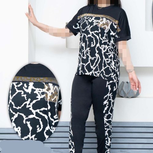 ست تیشرت و شلوار زنانه جیب دار نگین دار کد 133902 - خرید ست تیشرت شلوار زنانه عمده