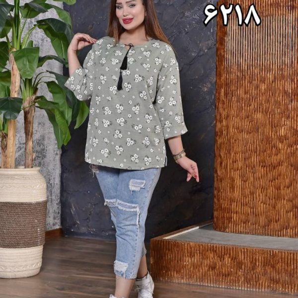 خرید عمده تونیک گل گچی لینن ژاکارد کد6218 - تونیک زنانه عمده