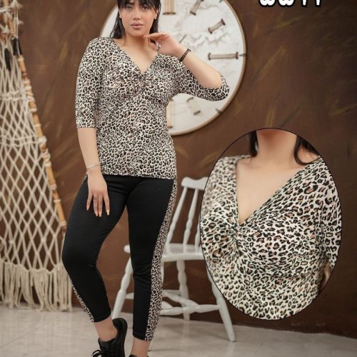خرید عمده ست تیشرت شلوار جلو گره ای پلنگی های فلامنت گیاهی - ست تیشرت شلوار زنانه عمده