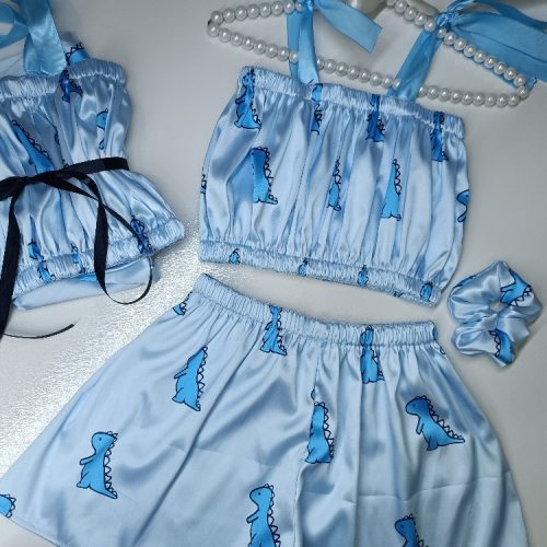 ست سه تیکه ساتن طرح دایناسور آبی کد 135016 - خرید لباس خواب زنانه عمده