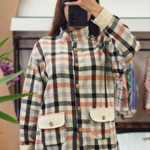 خرید عمده بلوز جلو باز چهار خانه 2جیب زنانه