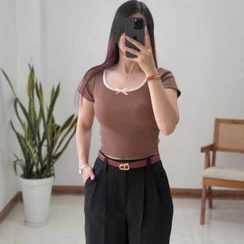 کراپ یقه گرد پاپیون کد 136140 - خرید تاپ و تیشرت زنانه عمده