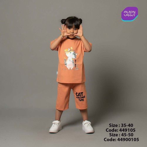 خرید عمده تیشرت شورت چاپ گربه - ست تیشرت شلوار دخترانه عمده