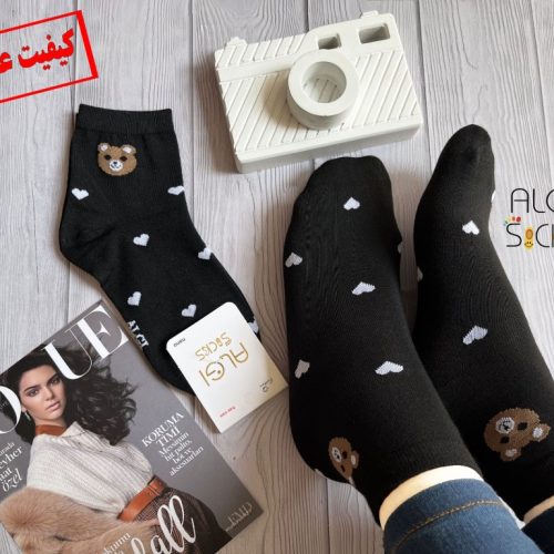 خرید عمده نیم ساق زنانه،فانتزی،تک رنگ مشکی،طرح خرس و قلب