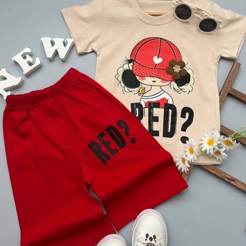 فروش عمده ست تیشرت شلوارک دخترانه RED - ست تیشرت شلوارک دخترانه عمده
