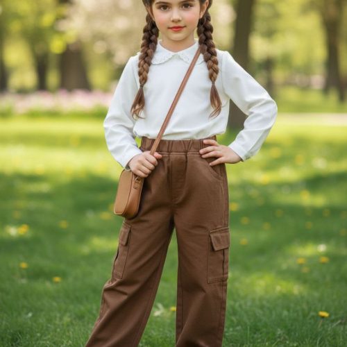 شلوار کتان کارگو دخترانه کد 134258 - خرید شلوار دخترانه عمده