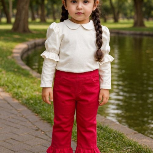 شلوار کتان دخترانه دمپا چین دار کد 134406 - خرید شلوار دخترانه عمده