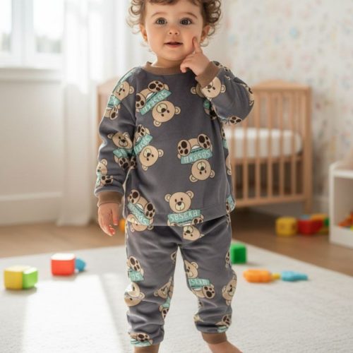 ست بلوز شلوار دخترانه پسرانه مخمل خرسی کد 135241 - خرید ست بلوز شلوار پسرانه عمده