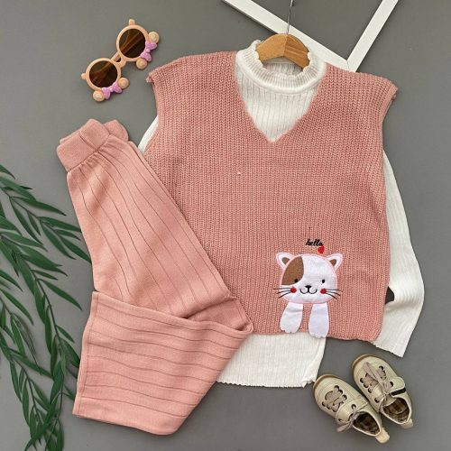 ست ۳ تیکه بلوز شلوار دخترانه بافت کد 136824 - خرید ست بلوز شلوار دخترانه عمده