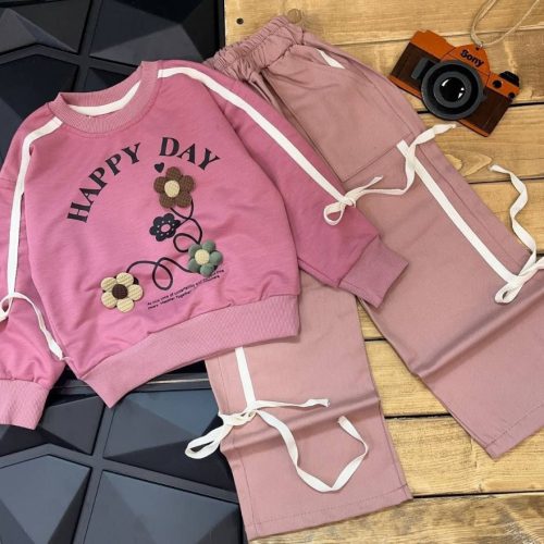 ست بلوز شلوار کتان دخترانه طرح گل کد 138893 - خرید ست بلوز شلوار دخترانه عمده