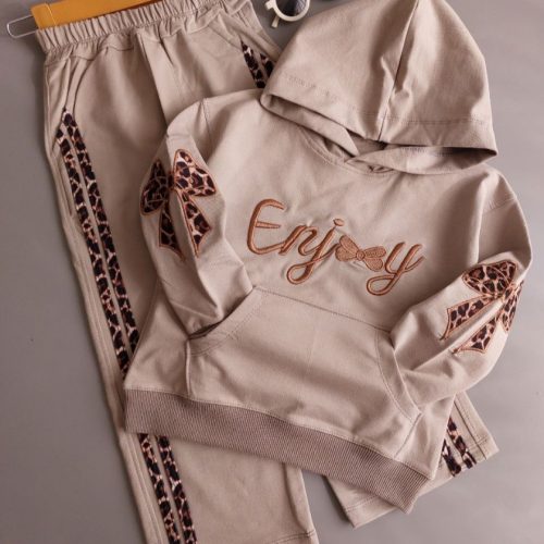 ست هودی شلوار دخترانه پاپیون پلنگی کد 139981 - خرید ست بلوز شلوار دخترانه عمده