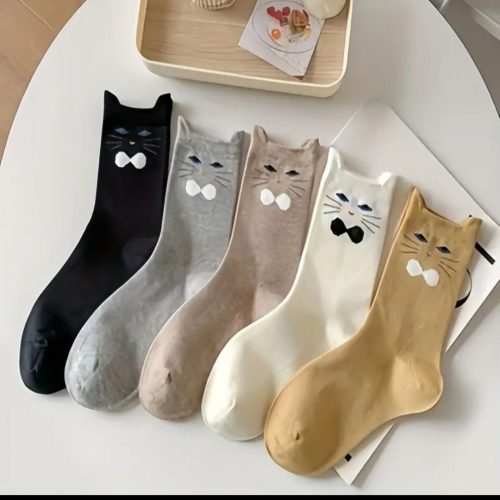 فروش عمده جوراب زنانه ساقدار گوشدار طرح گربه خارجی کد 133031