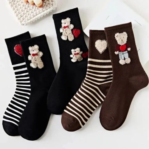 جوراب زنانه ساقدار بوکله دار خرس و قلب خارجی کد 134705 - خرید جوراب زنانه عمده