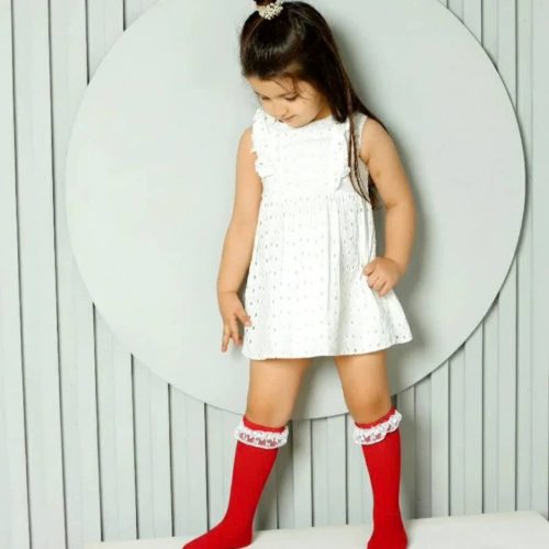 جوراب ساقدار دخترانه لب تور قرمز خارجی‌ کد 136364 - خرید جوراب دخترانه عمده