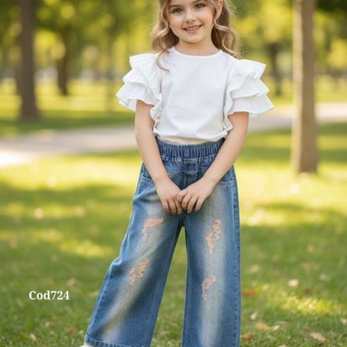 شلوار لی بگ دخترانه آبی کد 135664 - خرید شلوار دخترانه عمده