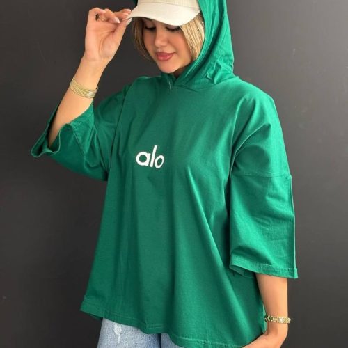 تیشرت باکسی کلاهدار alo کد 133978 - خرید تاپ و تیشرت زنانه عمده