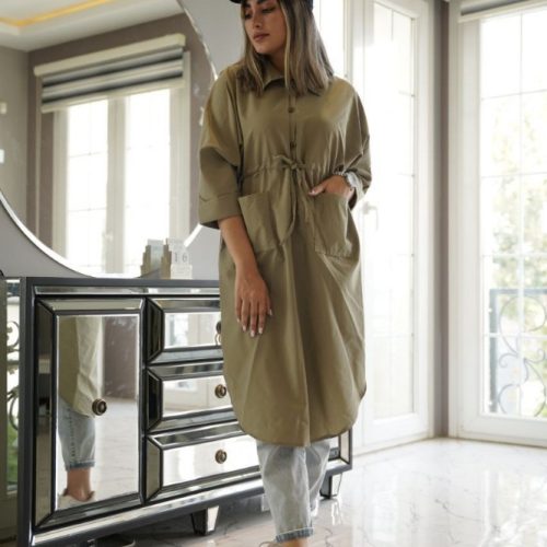 مانتو پیراهنی بلند کمرگت کد 135913 - خرید مانتو زنانه عمده